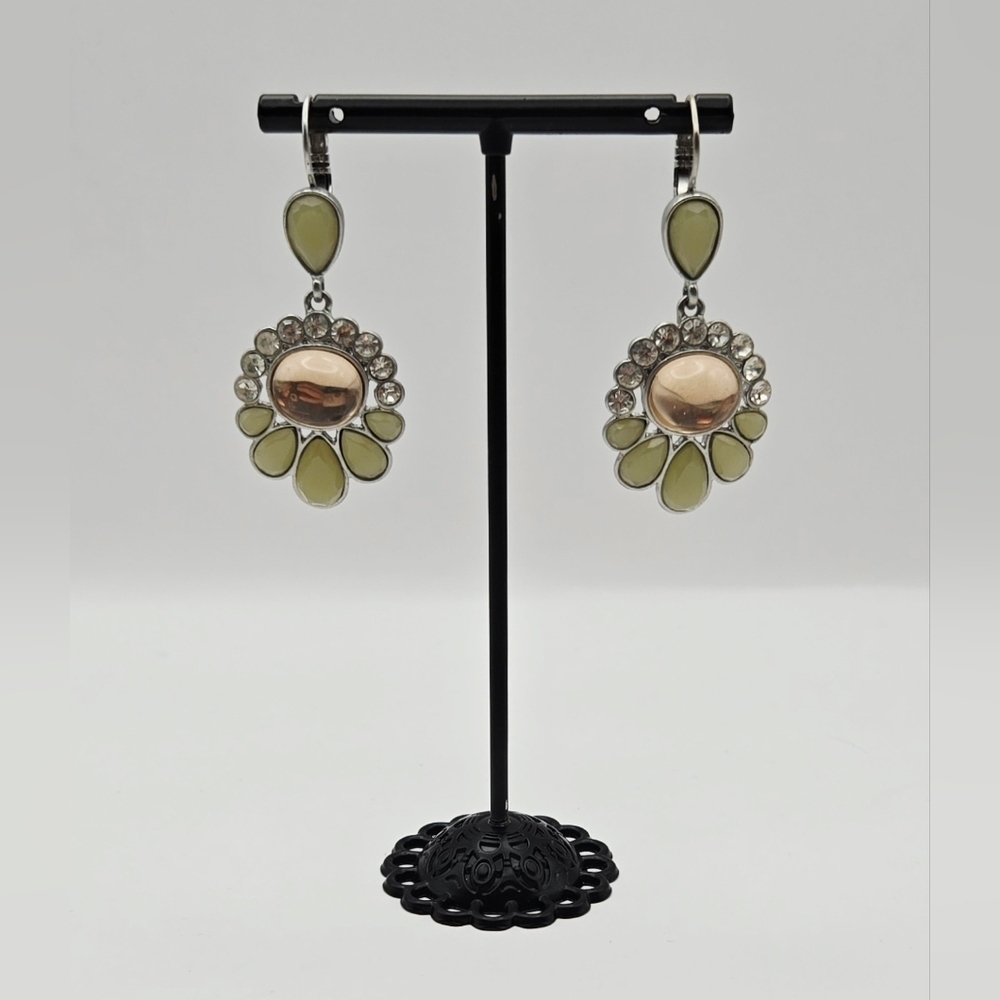 Lia Sophia Green Crystal Drop Earrings Silver Tone Rhinestone Boho